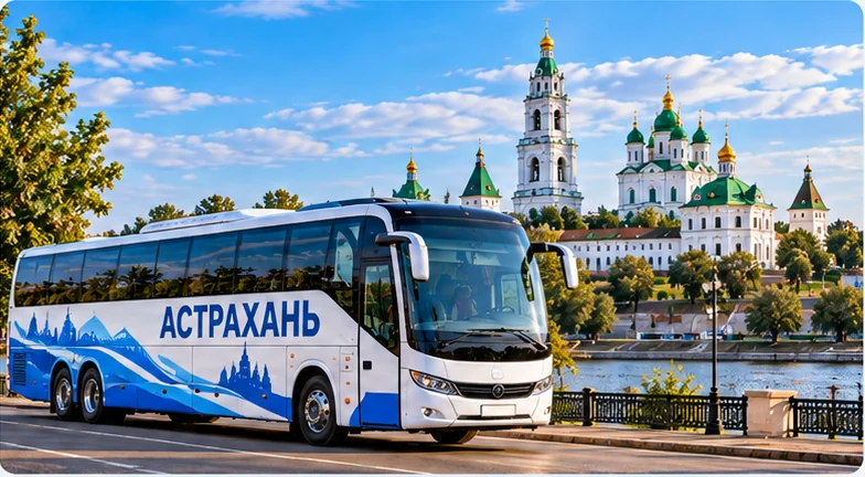 Пассажирский автобус Астрахань на фоне города